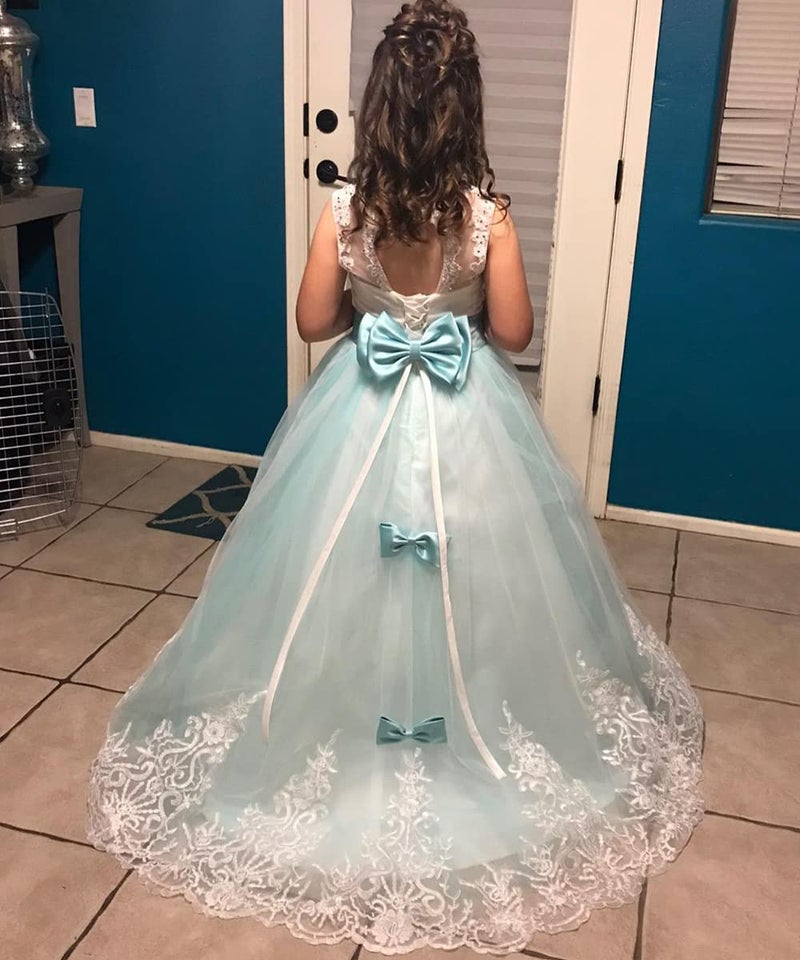 WDE Princess Aqua Long Girls Pageant Dresses Kids Prom Puffy Tulle Ball Gown US 8 - Image 4